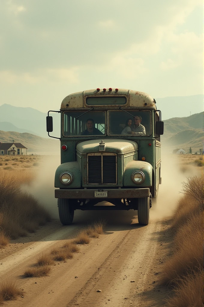 A dusty bus moving through a rural landscape.