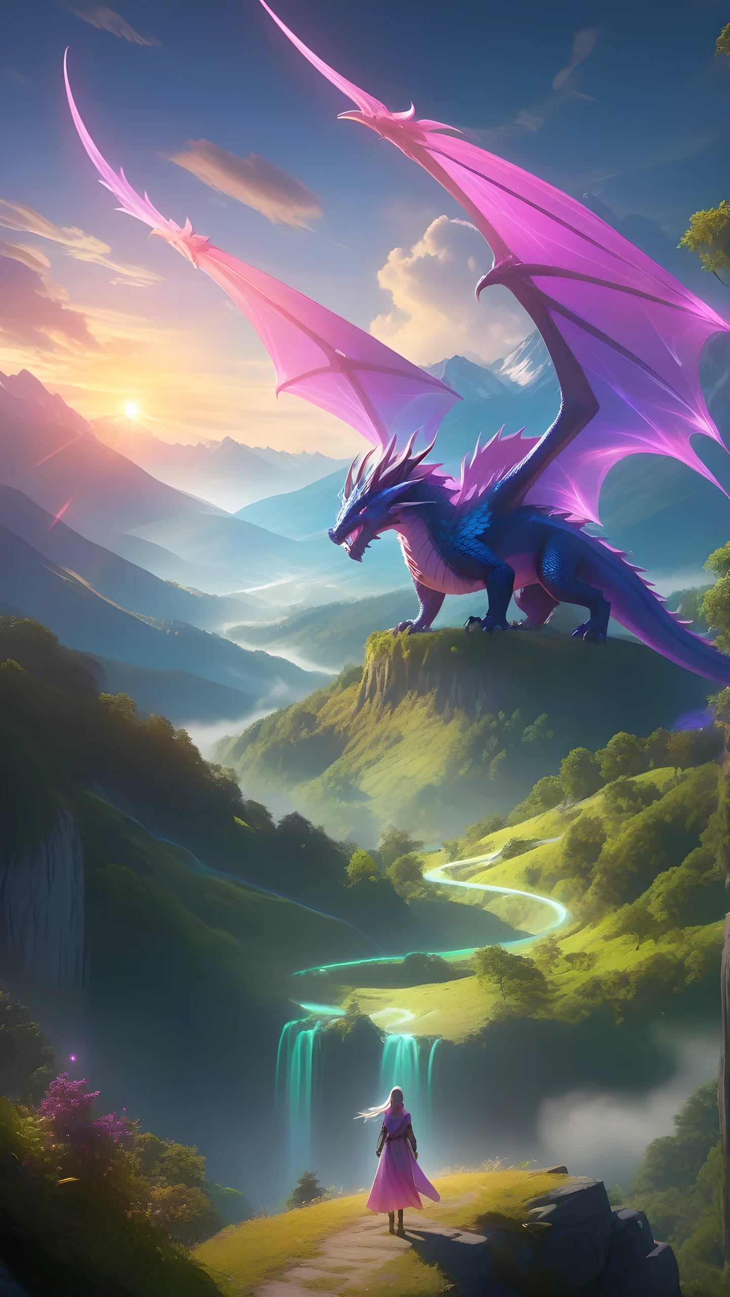 1girl, fantasy dragon, detailed fantasy landscape, rolling hills, lush forests, ethereal mountains, glowing magical portal, dramatic lighting, vibrant colors,cinematic composition,intricate details,dramatic lighting,vibrant colors,digital art,concept art,matte painting,transparent color PVC clothing, transparent color vinyl clothing, prismatic, holographic, chromati caberration