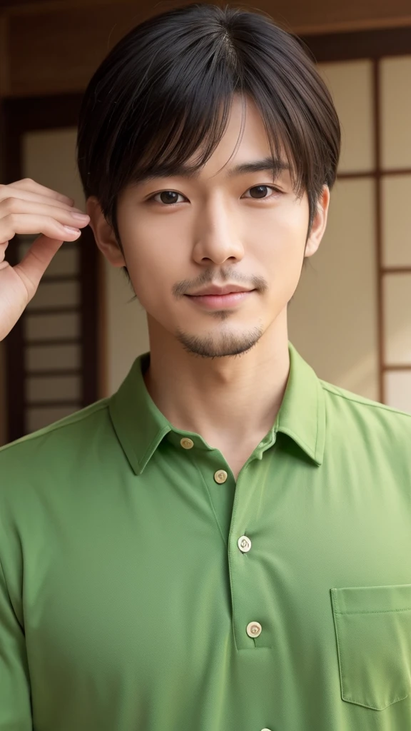 A gentle and kind Japanese man。INFJ。High quality and realistic。Wearing a soft green y-shirt