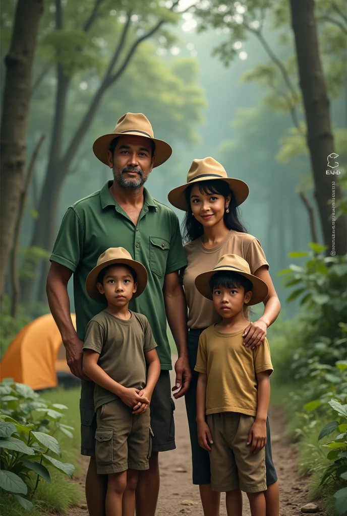 Portrait of a small Indonesian family, father wearing a green shirt wearing a hat, black haired mother, two boys aged 8 and 2 wearing hats, vacation in the forest, in front of the tent, realistic, 4k Make