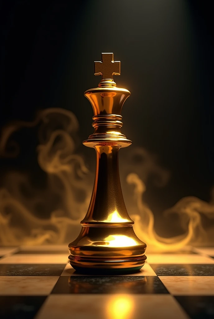 A King piece of chess in glossy gold and black colour in the centre of the frame with black vibrant colour and it is kept at a chessboard which os levitated in air gaving little bottom margin of 10 px ,and background colour is dark black and smoke of gold with shine on it and in portrait form
