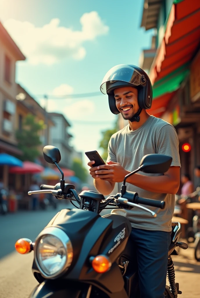 Panorama of a young Thai man leaning on a motorcycle on the street in Thailand during the day, smiling and looking at his phone, wearing a helmet and with bright headlights