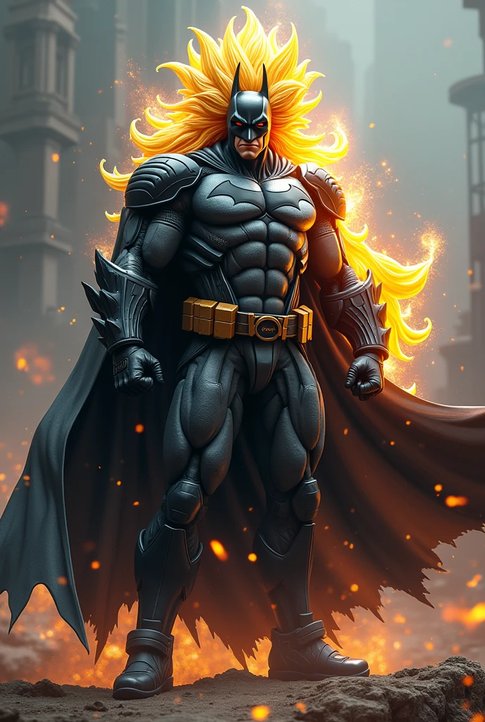 This dynamic hybrid merges the iconic features of Batman with the superhuman abilities of Goku. It has the sleek, tactical suit of Batman, complete with a dark, armored cowl and a cape that flares dramatically. Beneath this, it possesses the powerful, muscular build of Goku, with rippling, Saiyan-like energy radiating from its body. The face combines Batman's intense, brooding mask with Goku's spiky, golden hair when in Super Saiyan form. The hybrid has Batman's martial arts expertise and high-tech gadgets, combined with Goku’s incredible strength, speed, and energy manipulation. The result is a formidable figure capable of both stealthy, strategic combat and explosive, high-energy attacks. -ar 9:16