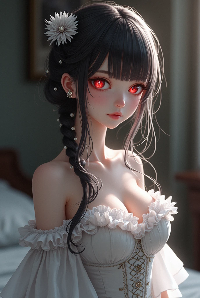 (Limited palette), Best Quality, (((masterpiece))), (((Beautiful detailed hair))), (((Beautiful detailed skin))), Alone, , younger, , (((by white))), Red eyes, (mask), blunt bangs, ((hair over eyes)), by the wide, medium breasts, white dress with ruffles, white ruffles, too many decorations, rosa, noble, leal, bridal hair head, (((Eye focus))), (((horny expression))), blurred background, bright Eyes, Star Eyes, (red theme), bedroom background, looking at the viewer, (((Hair collection))), (((evening))), half closed eyes, close up, (((hair ornament))), upright body, well cut bangs, hair braided behind the head, sleeveless dress,