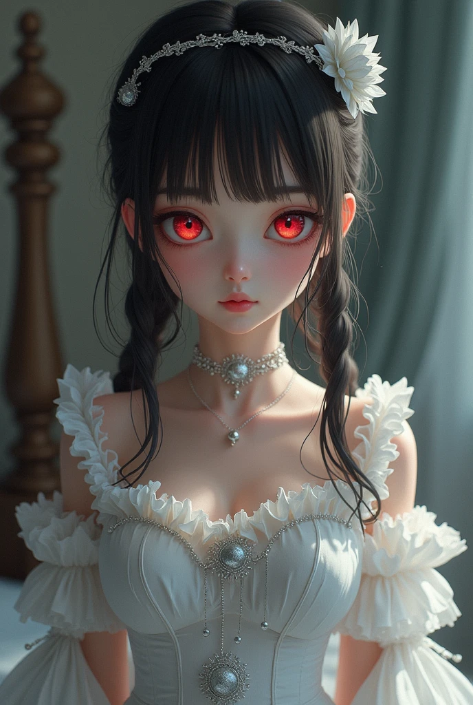 (Limited palette), Best Quality, (((masterpiece))), (((Beautiful detailed hair))), (((Beautiful detailed skin))), Alone, , younger, , (((by white))), Red eyes, (mask), blunt bangs, ((hair over eyes)), by the wide, medium breasts, white dress with ruffles, white ruffles, too many decorations, rosa, noble, leal, bridal hair head, (((Eye focus))), (((horny expression))), blurred background, bright Eyes, Star Eyes, (red theme), bedroom background, looking at the viewer, (((Hair collection))), (((evening))), half closed eyes, close up, (((hair ornament))), upright body, well cut bangs, hair braided behind the head, sleeveless dress,