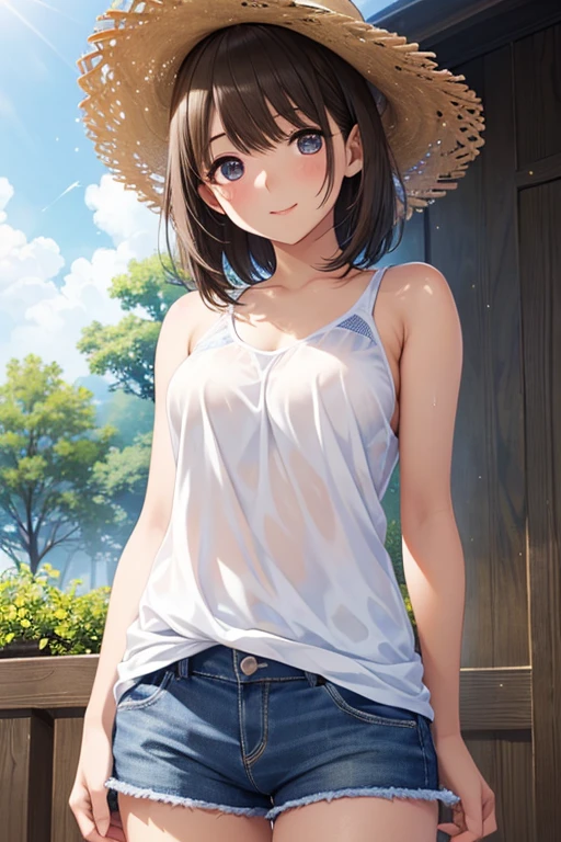 anegasaki nene、Shiny brown hair, short hair, (Beautiful brown eyes、Sparkling eyes, Fine grain)、smile、超Detailed eyes、Highly detailed face, 非常にDetailed eyes,Cowboy Shot、
(high quality, High resolution, The finer details, Realistic),
(high quality, High resolution, The finer details), Country Road, Strong summer sun, Straw hat, Tank top, Shorts, alone,
Adult women, Sparkling eyes, (Detailed eyes:1.2), (Happy), blush, Sweat, Brown Skin, Oily skin, View from below, Soft tones, Shallow depth of field