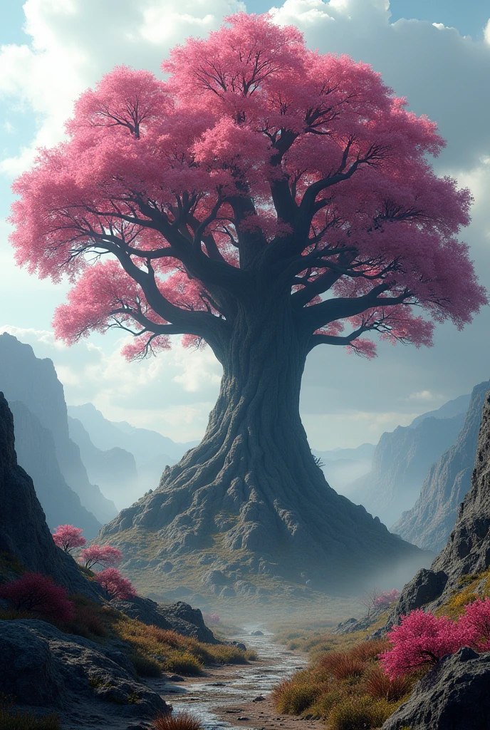 a big tree is growing on the ground. ((desire, fulfillment,pride,cruelty)),((pink,black,pale grey)),((deep wiew)),photographic,ultra high resolution,hyperdetailed, masterpiece, 3d modelling, digital art.