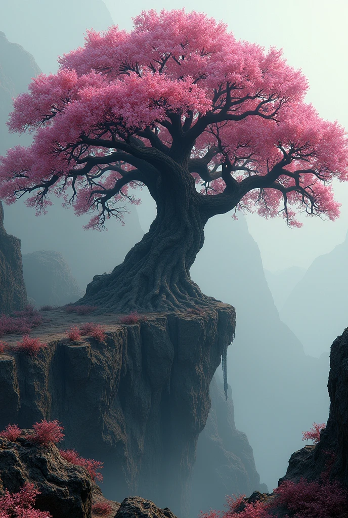 a big tree is growing on the ground. ((desire, fulfillment,pride,cruelty)),((pink,black,pale grey)),((deep wiew)),photographic,ultra high resolution,hyperdetailed, masterpiece, 3d modelling, digital art.