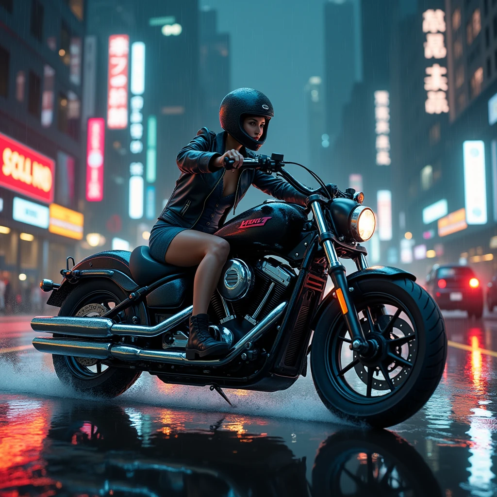 1girl, dress, jacket, rain, ground vehicle, helmet, mecha, motor vehicle, motorcycle, on motorcycle, vehicle focus, wheel, night, road, street, rain, city, puddles, 8k, ultra realistic, lens flare, atmosphere, glow, detailed, intricate, full of colour, cin...