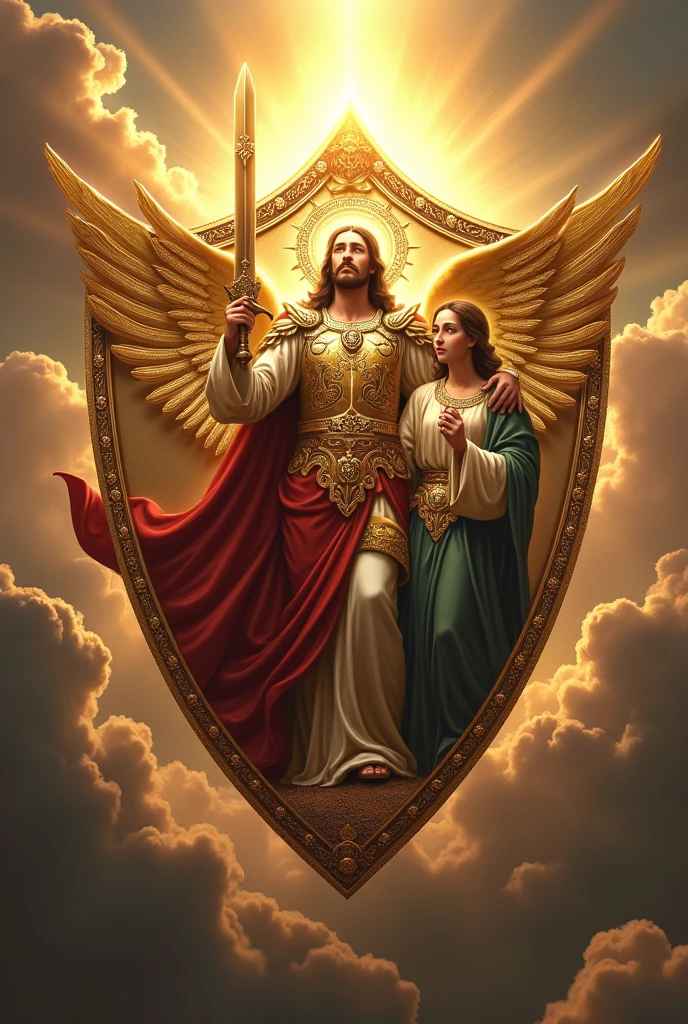 create a shield for my tik tok profile with the theme I AM A WINNER, on the shield I want an image of Jesus and a heavenly warrior, make in 1x1 size 