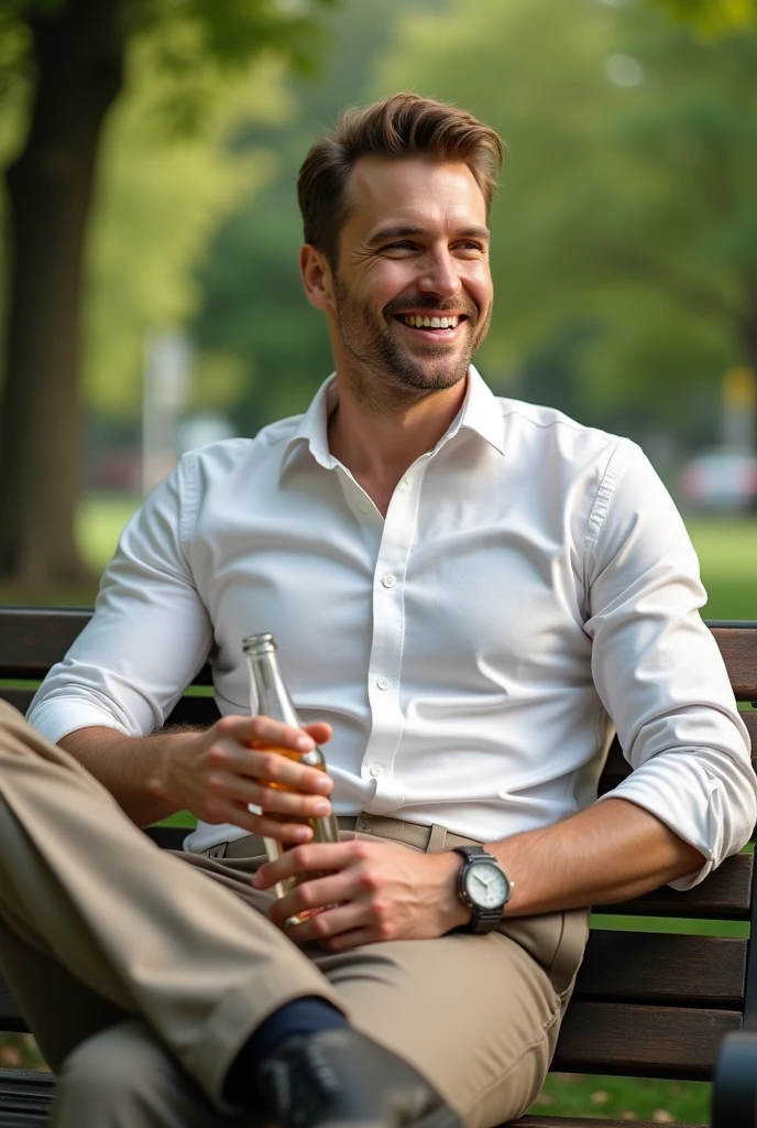 a europe gentle man dressed in a crisp white shirt and pants, the man's hair is brown short and neatly combed back is smiling and showing a glass bottle while sitting  on a bench at a park