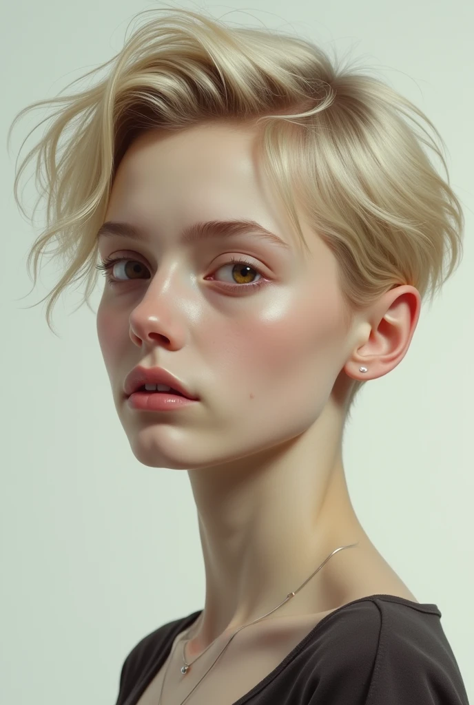 Appearance: (appearing boyish),short blonde hair, pale skin, slender figure, sharp brown eyes, sharp features.

Realistic image 