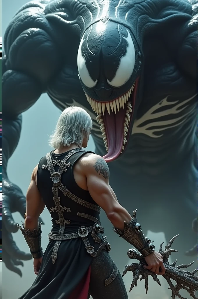 "A dynamic and detailed scene featuring a man with silver hair, wearing a sleeveless outfit adorned with intricate silver armor and small skulls. He appears to be in an action pose, holding what looks like a weapon made of sharp, silver tendrils or chains, also decorated with skulls. Behind him looms a massive, menacing creature resembling Venom, with a black, glossy, alien-like appearance, large fangs, and white, sharp eyes. The background is dark and ominous, enhancing the contrast between the man and the creature."