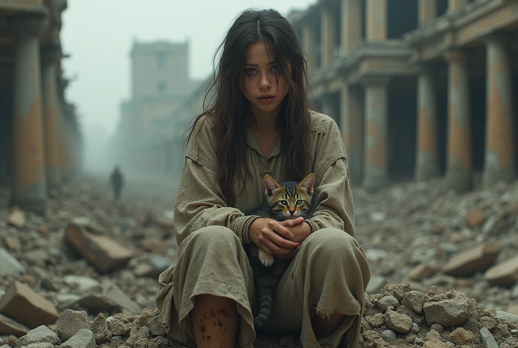 (photorealism), beautiful girl, (( girl)), full body, holds a kitten, sits on ruins, dirt on the face, bloody face, war, destroyed buildings in background, realistic, intricate details, realistic photo, sad girl, crying girl, post apocalypsis, tears on the face, dirty clothes