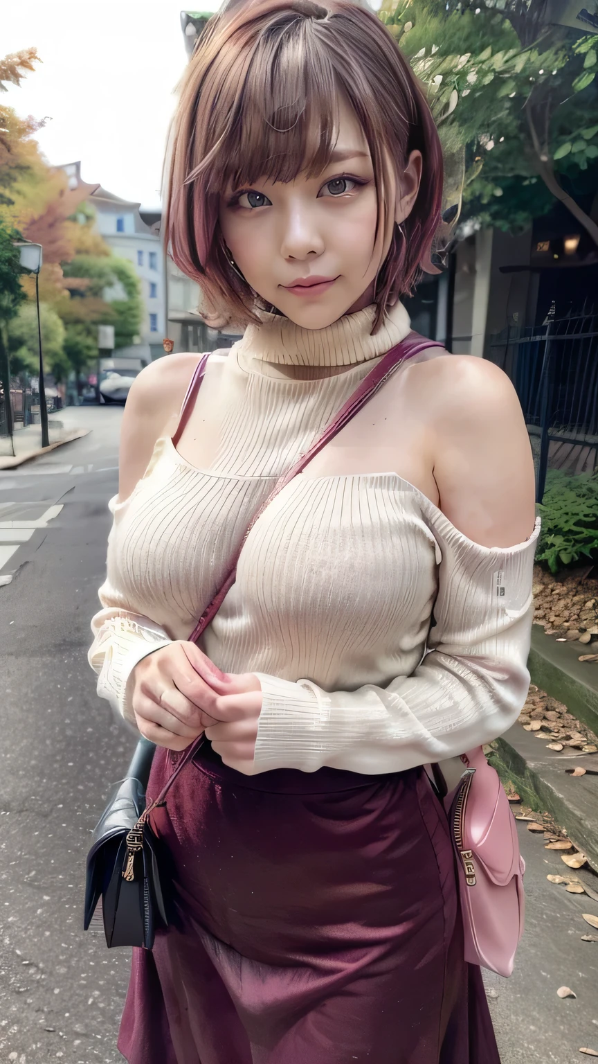 (Turtleneck long sleeve knit:1.2、(Tight long skirt:1.5、mermaidskirt、(The strap of the shoulder bag passes between the chest:1.5、paisla:1.5)))、(A woman standing leaning forward and peering into the park in autumn:1.3、Autumn foliage season、Red autumn leaves、Trees stained with autumn leaves々)、(Realistic、Like a photograph、Live Action、8k, Realistic, RAW Photos, Best image quality: 1.4), Single-lens reflex camera、RAW Photos, Highest quality, Realistic, Very detailed CG Unity 8k wallpaper, Written boundary depth, Cinematic Light, Lens flare, Ray Tracing, Realistic background、((ultra high density skin))、((whole body:1.5))，(目を細めてLolう、大きなLol顔、Lol)、(Pink inner color hair、short hair、Shortcuts:1.3)、I like that style、stylish、Very detailed、Pay attention to the details、Perfect outfit、(Sunburned skin)、Beautiful feet:1.1，Anatomically correct body、Accurate Fingers、(View from the front)