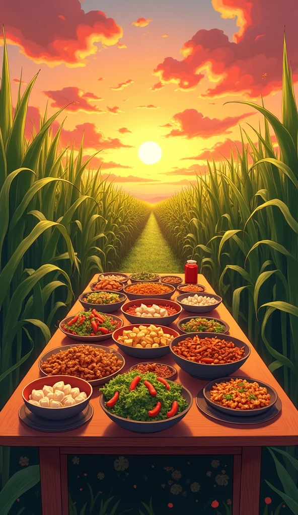 2D anime chinese dishes on wooden dinning table in field of corn , sunset time