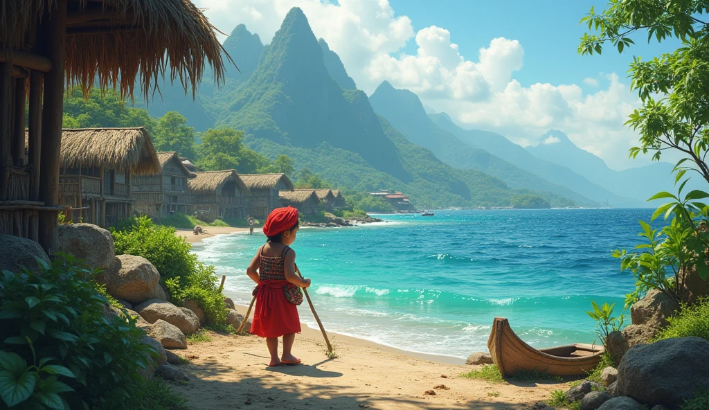 Village from ancient Ternate island, Maluku, Indonesia, beside a ocean and mountain, a young childrens in ancient Ternate clothing is playing and wear a red traditional Ternate turban, there is no peoples, hyper realistic, masterpiece, best quality, ultra-detailed, UHD, 64K