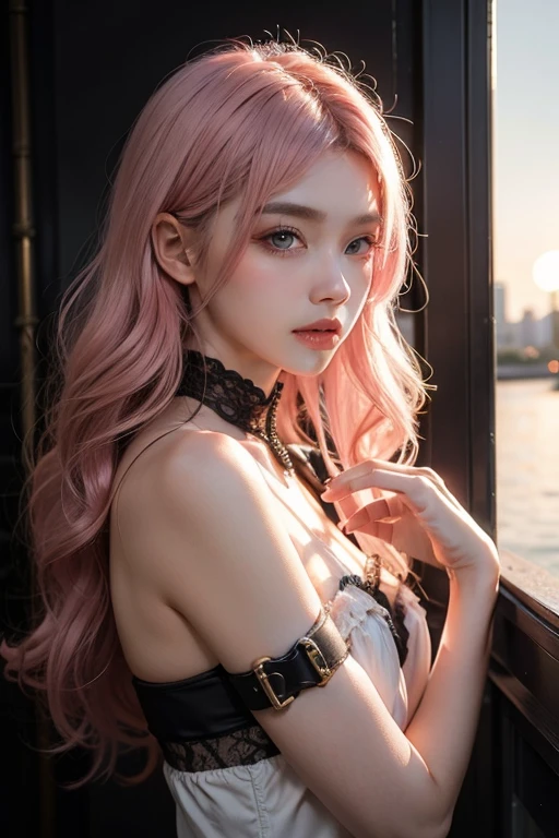 Light pink hair, Pink Eyes,  At the port, Vibrant colors, steampunk, Blouse White、 Sunset behind, Ray Tracing, Wavy long hair、