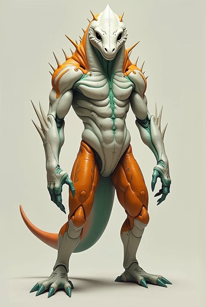 Character inspired by a plesiosaur with black and white eyes a plesiosaur body tinted with white decorated with orange and green and pale orange plesiosaur legs a. White tinted plesiosaur head mixed with dark beige a plesiosaur tail white plesiosaur hands adorned with light green is a character side inspired by a plesiosaur that stands like a real person with a dangerous fighter side 