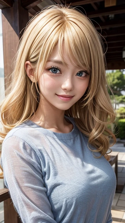 Studio Light, Written boundary depth, Upper Body, thin, cute顔, smile, Beautiful details in the eyes, 1. Japanese, cute, Voluminous curls and warm blonde color, Plaza, casual