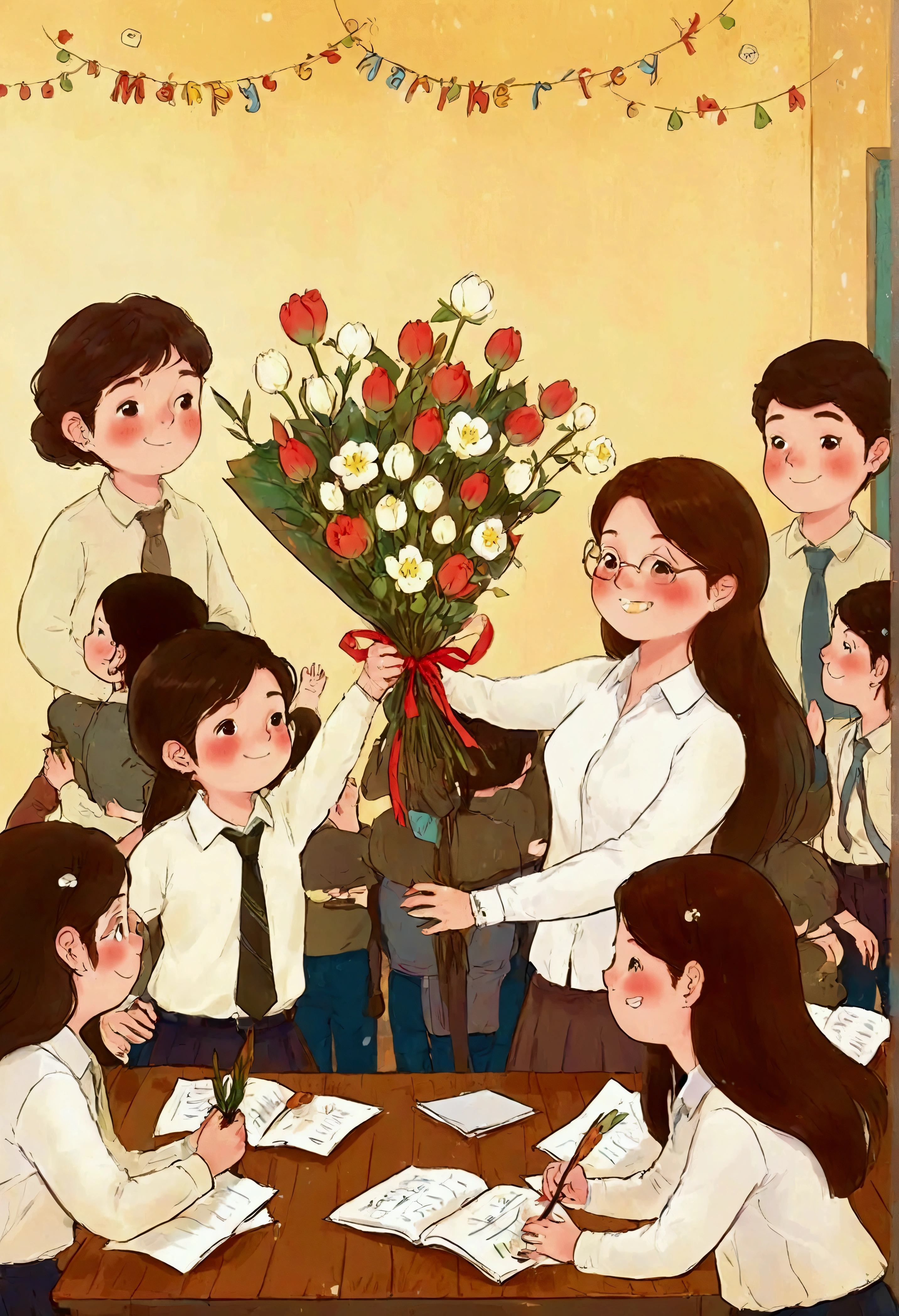 Teacher's Day illustration, a lovely teacher holding flowers, surrounded by a group of students, in a classroom