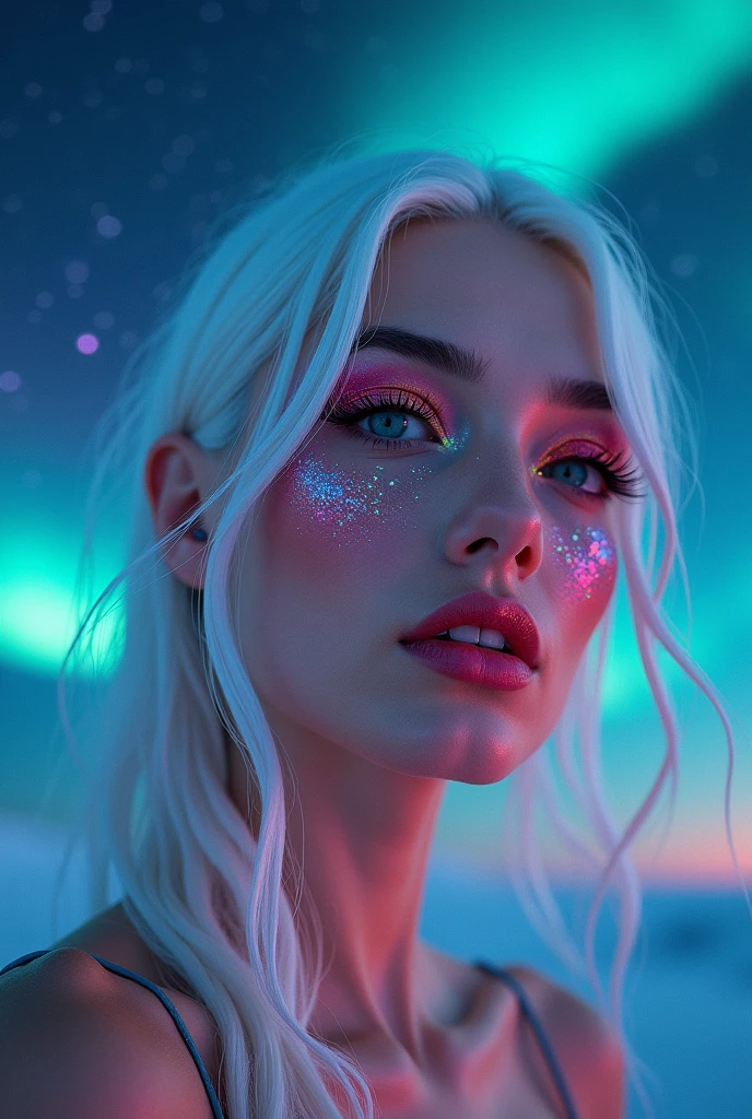 hyperrealistic image, selfie, hd resolution, woman, exotic features, artistic makeup, conceptual pose, artistic expression, instagram selfie, beautiful woman, woman, exotic, attractive eyes, intergalactic, natural lighting, night, aurora borealis, extraterrestrial, exotic makeup, shine makeup, shine skin, colored eyeshadow, exotic pose, half body angle, white hair, subtle colored highlights, , alien vibe