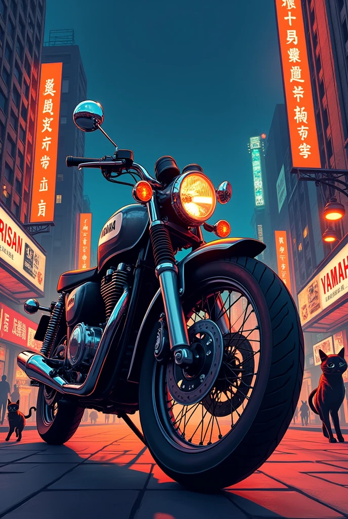 Yamaha rx100 in city in night cross anime cats. Orange neon lights