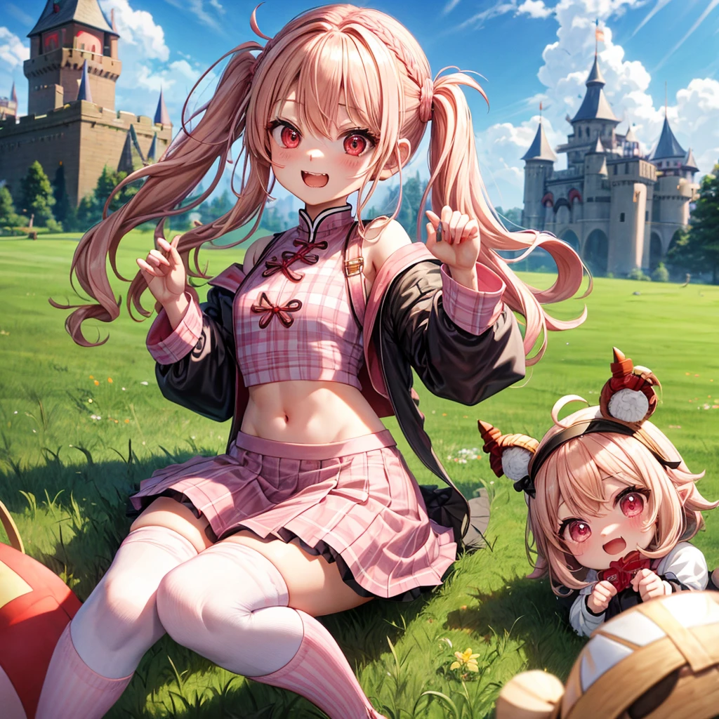 Pink Blonde、Red eyes、Wavy Hair、Hair tied up、Two cute、Checked mini skirt、China、Knee-high socks、Teeth are visible、Monster Castle、Tilting face、grass、There&#39;s a stake stuck in the ground、In front of the city gates、Underground tunnels、Iron suspension bridge、The stone is cracked、Giant wood、There is a step on the ground、Piglet、it&#39;s raining、Round Table