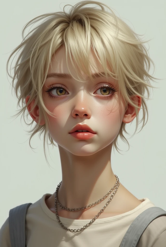 Appearance: (appearing boyish),short blonde hair, pale skin, slender figure, sharp brown eyes, sharp features.
Realistic image
