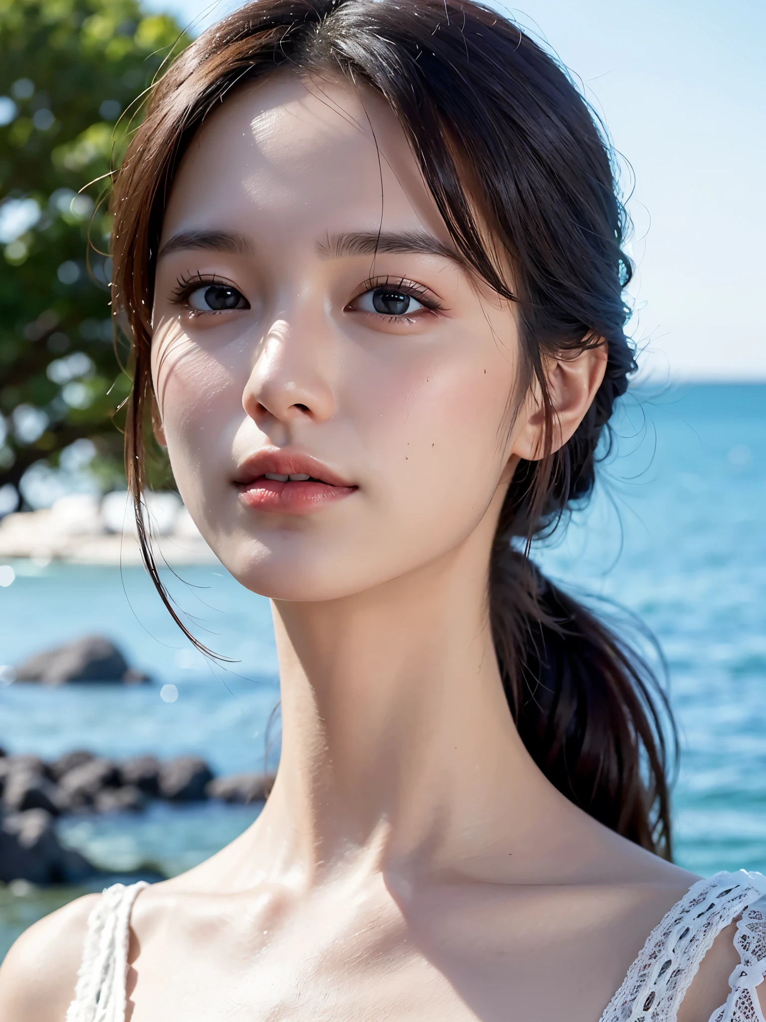 ((pure beauty:0.8, ultra-realistic:1.2)), caucasian flesh:1.2, bright eyes:1.1), light contrast and hue:1.1, high surface:1.1, image quality:ultra hd:1, portrait, high nose bridge, dynamic angle, clouds and sea, field of flowers in the foreground, light tracking, lifelike, informal art, unity 8k, masterpiece,best quality, gleaming skin, cinmatic lighting,