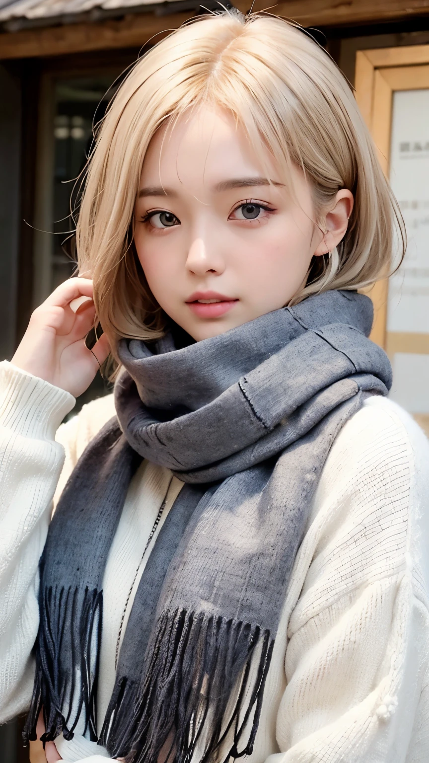 ((No makeup、Close your mouth:1.2))、(Realistic、Photorealistic、Ultra-detailed、Highest Detail Skin、Highest quality、masterpiece、Ultra-high resolution)、Cute Russian Women、、high school girl、young、One Girl、Has bangs、Ash Blonde:1.7、double eyelid、drooping eyes、Japanese style face、purity、Double teeth、Realistic skin types、Thick muffler、Gray muffler、Fluffy hair、((Hair is tucked into the scarf:1.3))、Red cheeks、The wind is blowing、It&#39;s snowing、night、illumination、Lighting from behind