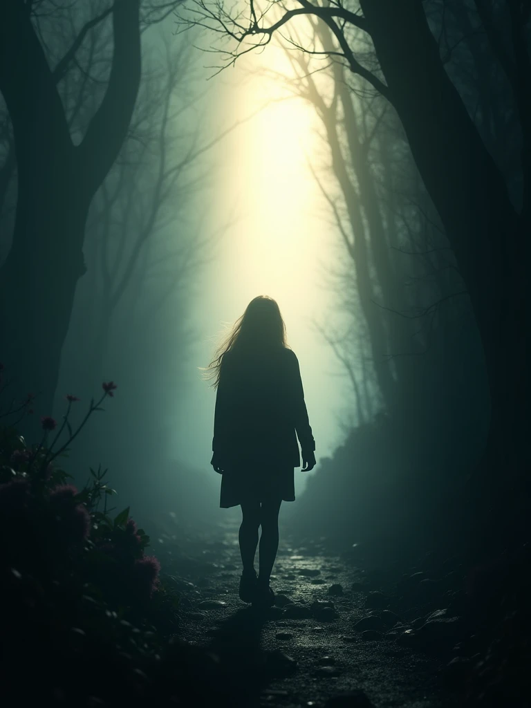 A person of indeterminate gender walking towards a distant, bright light. The figure is partially silhouetted against the light, creating a striking contrast with the surrounding darkness. The environment is shrouded in shadows, with barely visible details hinting at a mysterious, dimly lit path. The atmosphere is both serene and enigmatic, evoking a sense of journey and discovery, with the light representing hope or a new beginning.