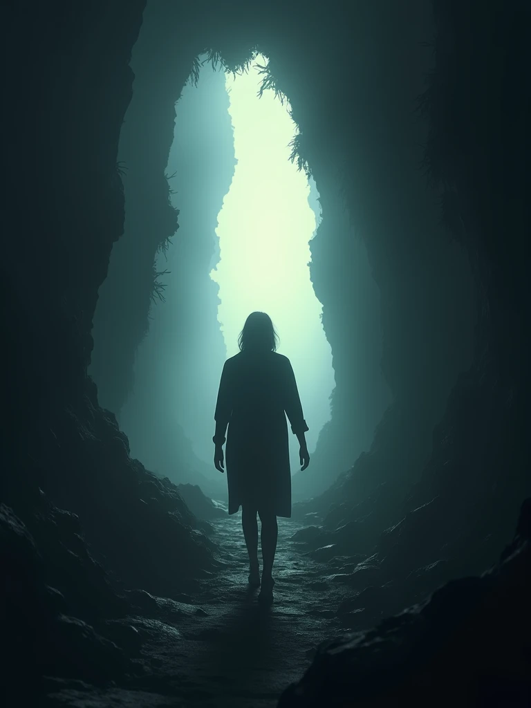 A person of indeterminate gender walking towards a distant, bright light. The figure is partially silhouetted against the light, creating a striking contrast with the surrounding darkness. The environment is shrouded in shadows, with barely visible details hinting at a mysterious, dimly lit path. The atmosphere is both serene and enigmatic, evoking a sense of journey and discovery, with the light representing hope or a new beginning.