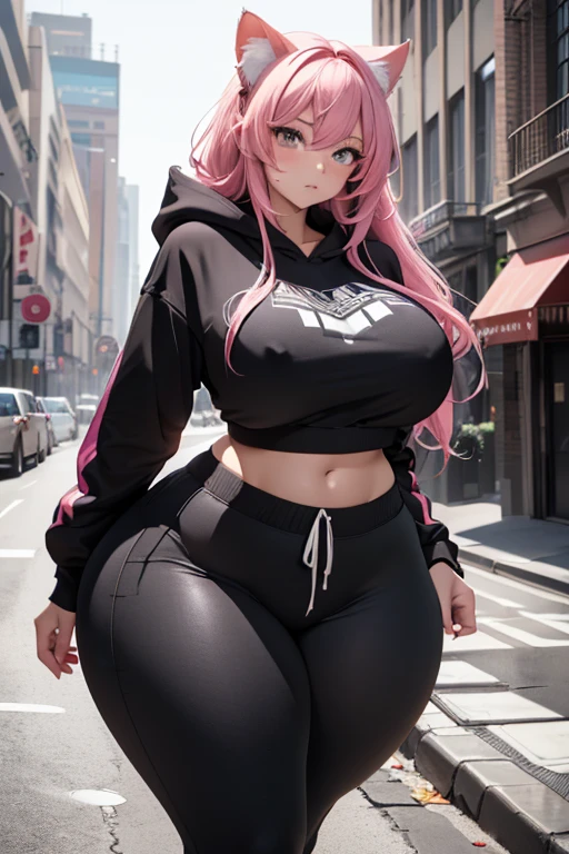 masterpiece, best quality, high resolution, uhd, 4k, 1girl, (pink hair, long hair, detailed hair, cat ears, pink eyes, black hair ribbons:1.2), (hoodie, sweatpants:1.2), (thin clothes, undersized clothes, taut clothes, clothes extremely stretched, extremely tight fit clothes, top barely fits breasts, pants barely fits ass, skindentation:1.5), city, (curvy, slim waist, gigantic breasts, bottomheavy, gigantic thighs, extremely wide hips:1.1)
