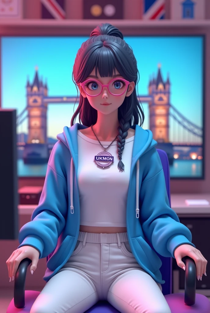 create a 3d Anime character and she was sitting straight on the chair with table her room was UK theme studio with london bridge and famous chain in her nevh with pandent written UKMON on it  she have a mic on table and she is wear a white tshirt with blue hoodie zip open with white trouser pink eye glass ang long tied bun hair and her position was straight and background light was blue and pink and aspect ratio is 16:9 for Youtube