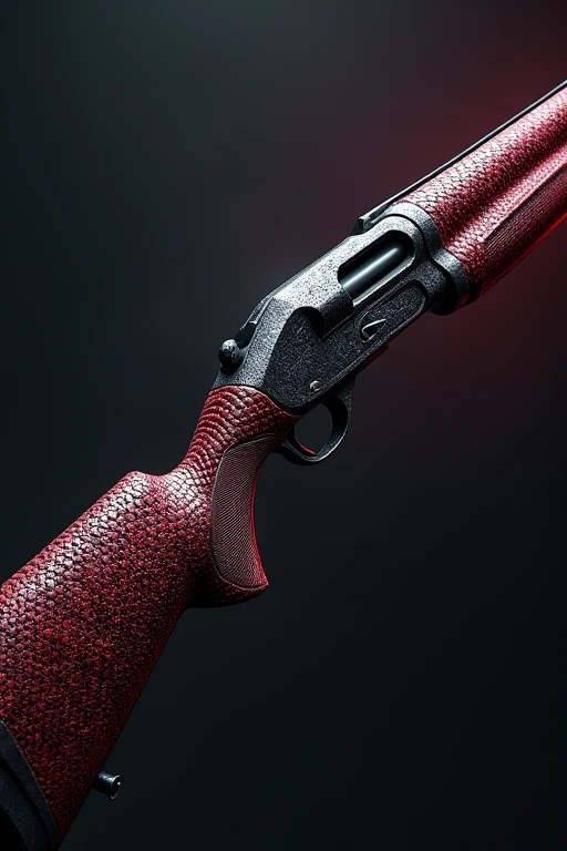 Shotgun with dark red, gray and black scales