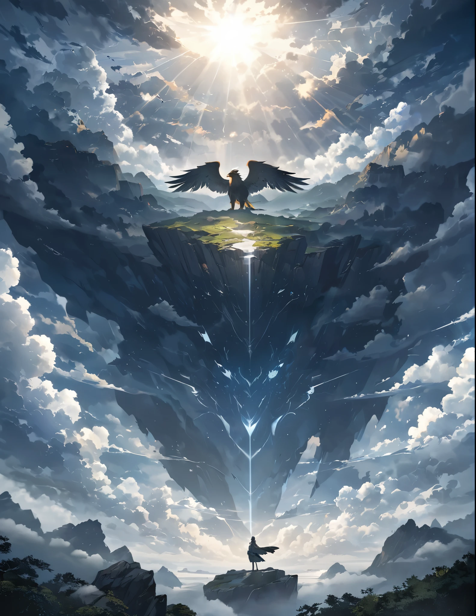 ((Amazingly absurd)),(masterpiece:1.2),超High resolution, Attention to detail, high quality, High resolution, 最high quality, 4K, 8k、Fictional Animals、Griffon、Standing on a cliff、The sky is overcast and covered with thick clouds.、The sunlight shines through the gaps, creating a sacred atmosphere.