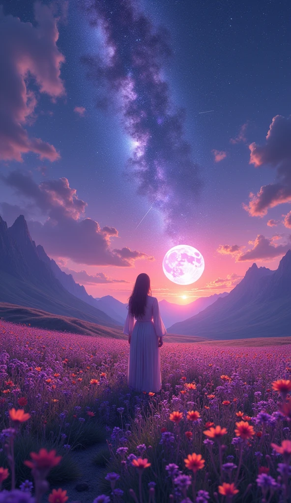 expansive landscape photograph, (a view from below showing the sky above and the open country below), a woman standing in a field of flowers looking up, (fullmoon: 1.2), (shooting stars: 0.9), (nebula: 1.3), distant mountain, BREAK tree production art, (Warm Light Source: 1.2), (firefly: 1.2), Light bulb, lot of purple and orange, details Intricate, volumetric lighting, BREAKING realism (Masterpiece artwork: 1.2) , (best qualityer), 4K, ultra detali, (dynamic composition: 1.4), highly detailed colorful details, (Iridescent Colors: 1.2), (bright lighting, atmospheric lighting), dreamy, magical, (standing alone: 1.2)
