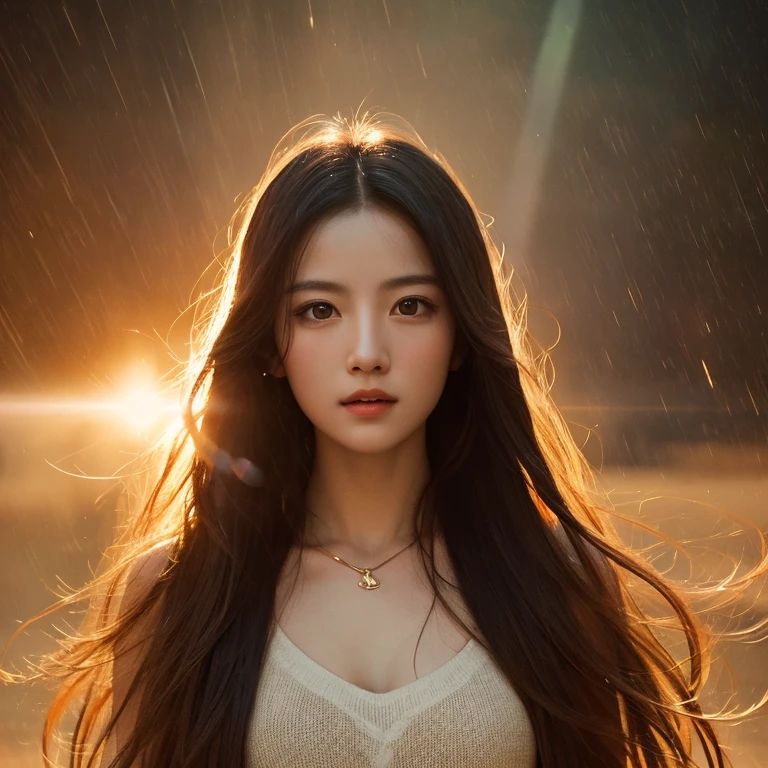 born, Very detailed, Realistic (1.3) Masterpiece portrait of a girl with long hair, Dynamic angle with messy hair, Held in a world-class theater with superior cinema lighting, Lens flare, Dunhuang-style artistic sense, 8K resolution wallpaper quality, Highest quality, Dancing in the Rain