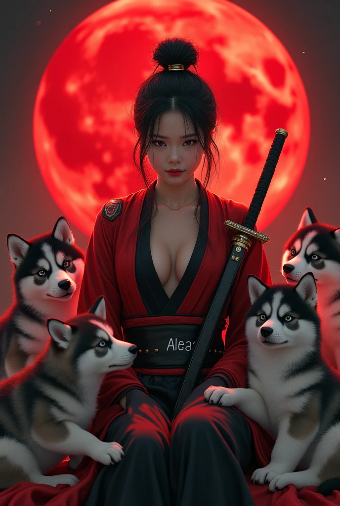 Beautiful Asia girl with samurai with red and black outfit and she holding katana resting and the background is red moon and the name is on her Right chest sign "Aleaaa" and she holding husky puppies on her