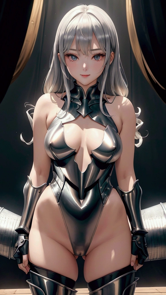 8k, (masterpiece, Highest quality, 非常にdetailedな, Best Shadow), (detailedな背景), (Beautifully detailed face), High Contrast, (Best lighting, Very delicate and beautiful), ((Cinematic Light)), colorful, Hyper Detail, Dramatic Light, 複雑なdetailed, ((Highest quality)), ((masterpiece)), (detailed), Super beautiful、Subtle details、Fine and beautiful skin、Full body from the front、One beautiful girl、Handsome、Cool eyes、Shyness、Smile、She has her bangs down、 whole、Stand upright with your legs slightly apart、Small Boobs、big round butt、Standing with your legs apart、female knight、A super ultra high cut black thong leotard that is tight and digs into the crotch、Narrow crotch、Silver shoulder rest、Silver Breastplate Armor、Shin pads、Silver Gauntlets、Silver boots、Cloudy weather on Islay、waves、Outdoor