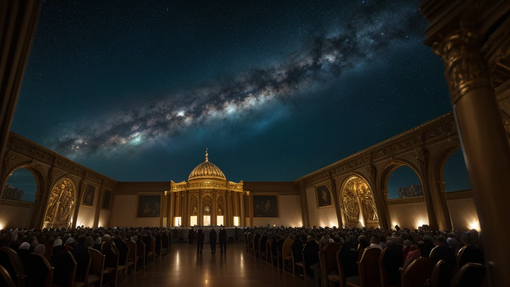 "An opulent space vessel with elegantly dressed figures in historical attire gazing out at the vastness of space. The figures stand by large windows, observing the distant stars, planets, and spaceships. The interior of the vessel is richly decorated, combining elements of classical elegance with advanced technology. The scene conveys a sense of exploration and wonder, blending the grandeur of a royal court with the vastness of the cosmos.", "size": "1024x1024" }