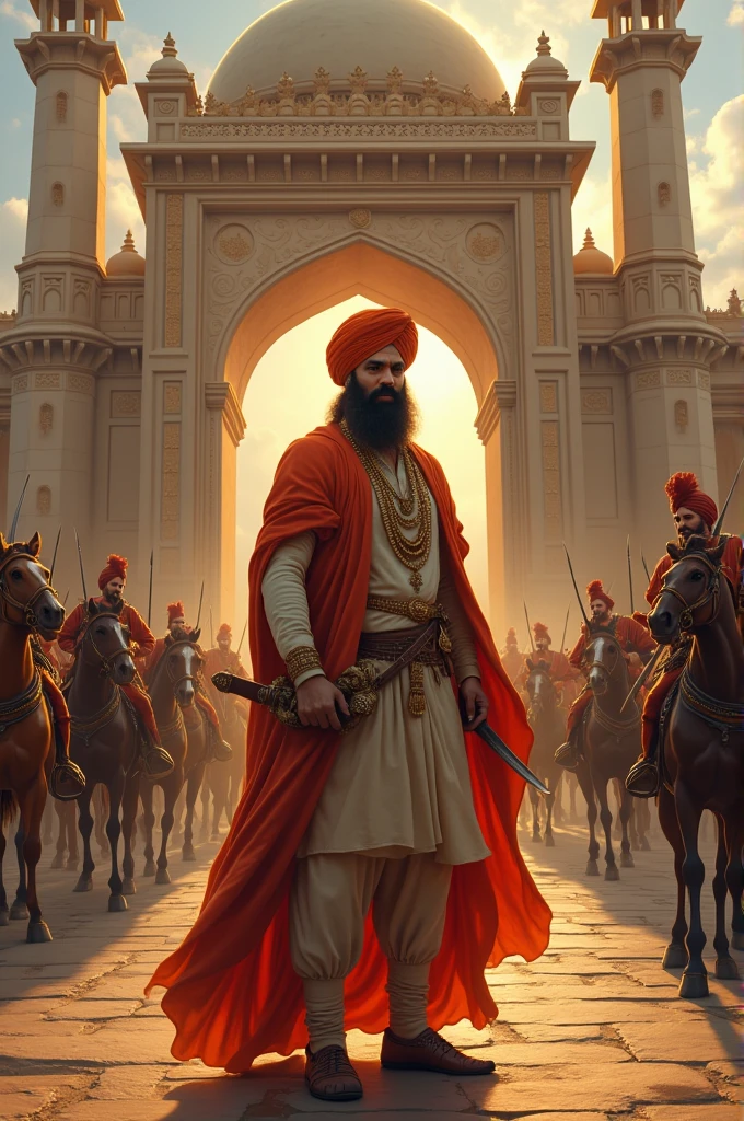 Goga ji Maharaj standing with a sword in hand, facing his enemy behind him, in front of a grand palace, soldiers stationed at the palace gate, majestic horses and carriages nearby, dramatic lighting, historical artwork, intricate details, cinematic atmosphere, influenced by traditional Indian art style, masterpiece cinematic High quality 8k