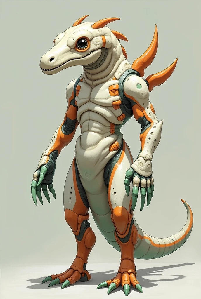 Plesiosaur inspired character with black and white eyes a plesiosaur body tinted with white adorned with orange and red with pale orange legs mixed with plesiosaur white a plesiosaur head tinted with white mixed with dark beige a plesiosaur tail white plesiosaur hands adorned with light green is a plesiosaur inspired character side that stands like a real person with a dangerous fighter side 