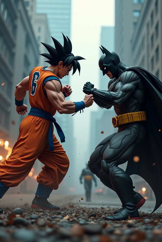 Goku and Batman fighting each other realistic