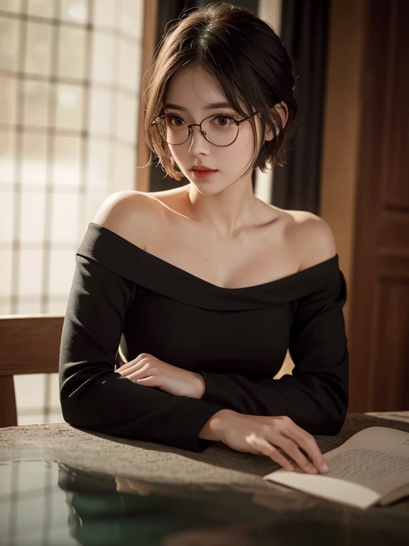 Beautiful young woman sitting at a table in the dark, Wear an off-the-shoulder dress, Her short hair frames her face, Washed in cold water, Dramatic lighting that creates deep shadows, It captured her captivating and glamorous look.、Realistic and high-resolution RAW photos, Two arms, 5 fingers per hand