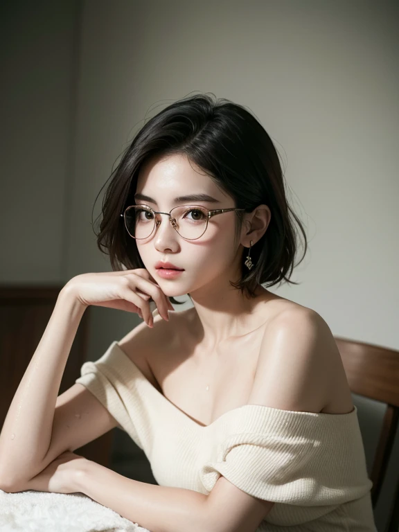 Beautiful young woman sitting at a table in the dark, Wear an off-the-shoulder dress, Her short hair frames her face, Washed in cold water, Dramatic lighting that creates deep shadows, It captured her captivating and glamorous look.、Realistic and high-resolution RAW photos, Two arms, 5 fingers per hand