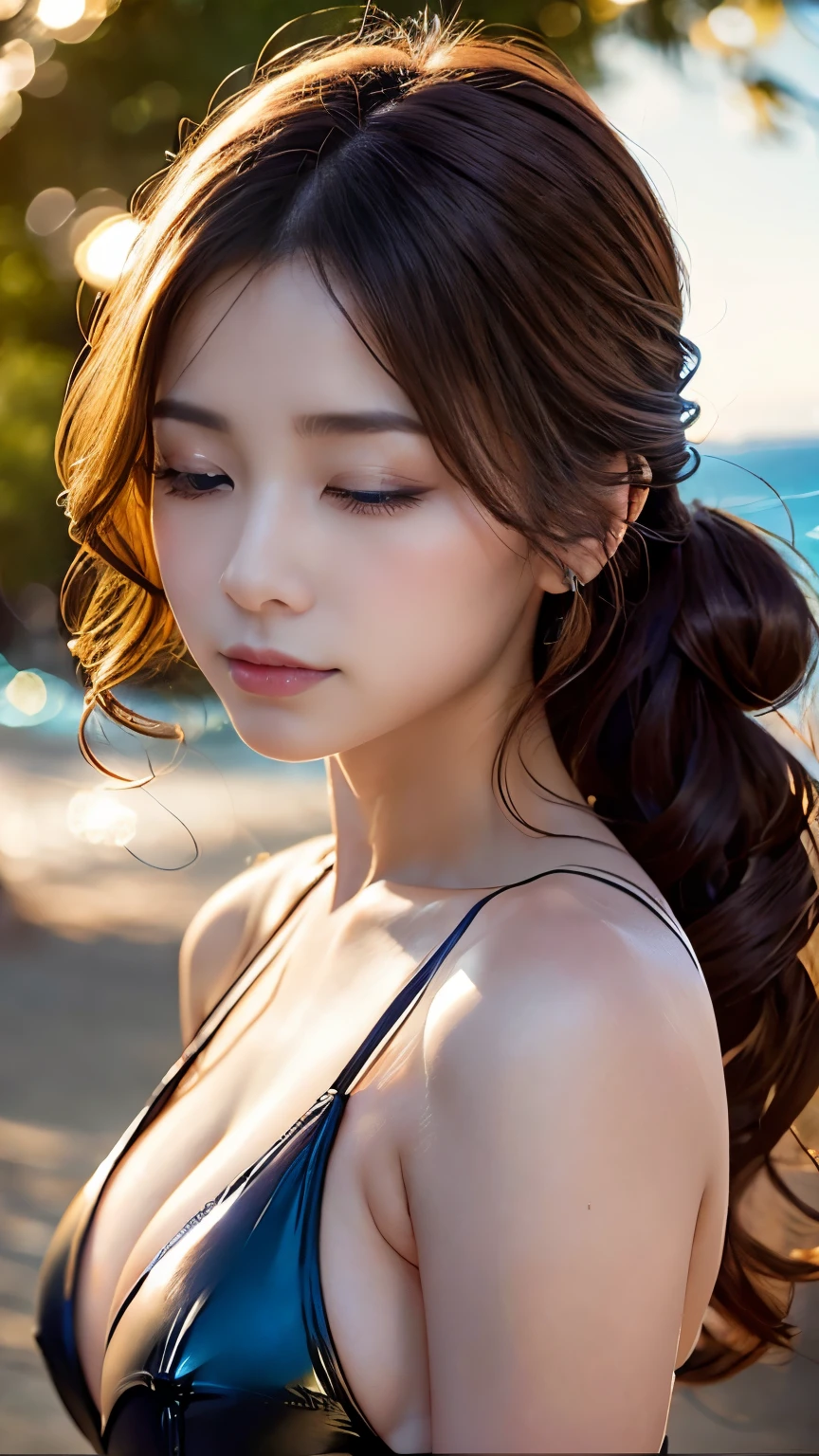 ((Photorealistic))、((Realistic))、Ultra HD、8K、(Beautiful lighting)、Sharp focus、Sexy beauty、20-year-old、((Face with eyes closed just before kissing:1.2))、((Lift your chin a little:1.1))、Sexy shiny latex bikini、((Perfect Anatomy:1.1))、(Big beautiful breasts)、(Tight waist)、(Big and firm hips)、((Perfect figure))、Beautiful and perfect face、A perfect and sharp gaze、(Large, detailed and perfect eyes)、((Random updo hair))、Sexy pose、Bright sunshine on the beach