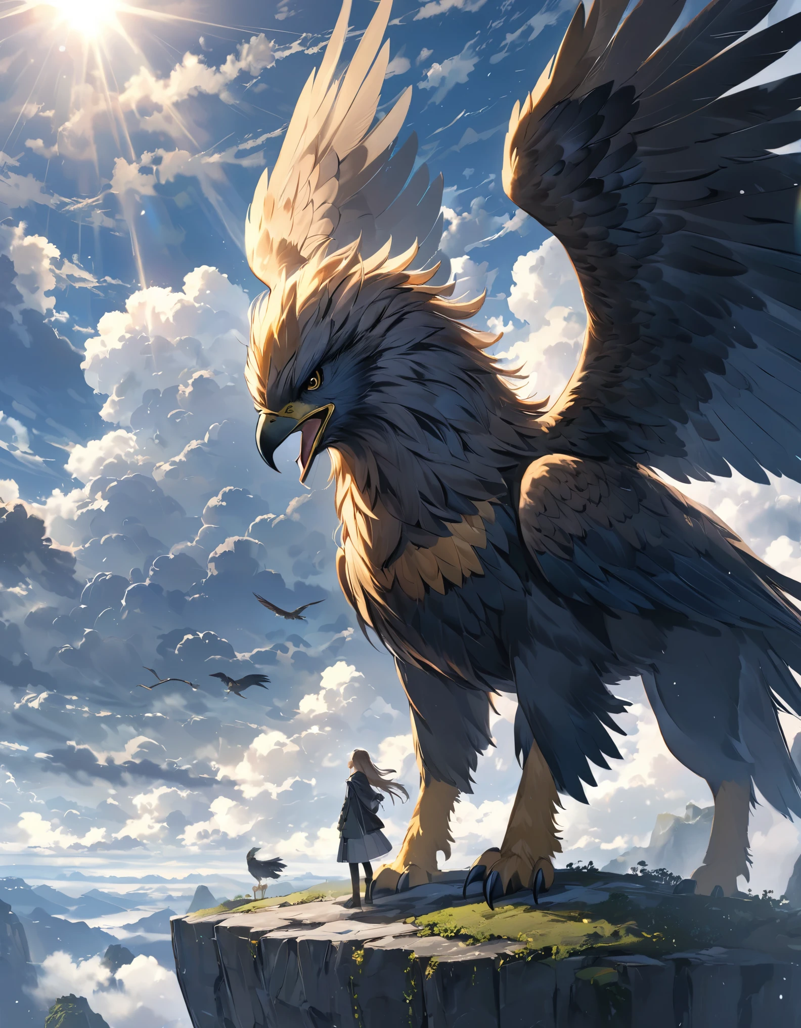 ((Amazingly absurd)),(masterpiece:1.2),超High resolution, Attention to detail, high quality, High resolution, 最high quality, 4K, 8k、Shout to the sky、Close-up
、Fictional Animals、((Griffon))、Standing on a cliff、The sky is overcast and covered with thick clouds.、The sunlight shines through the gaps, creating a sacred atmosphere.