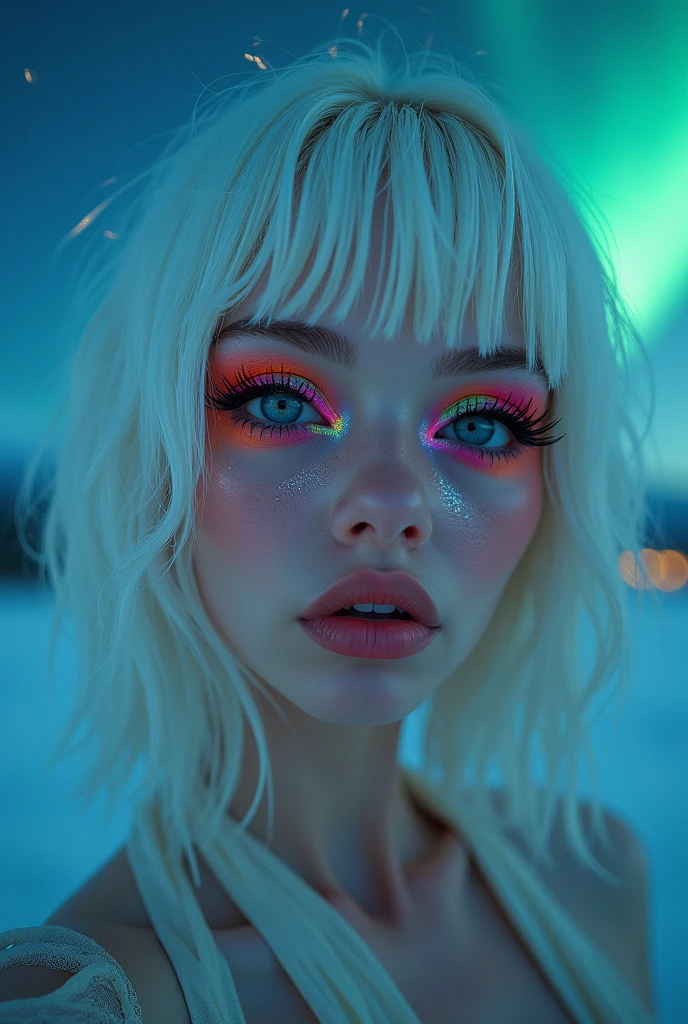 hyperrealistic image, selfie, hd resolution, woman, exotic features, artistic makeup, conceptual pose, artistic expression, instagram selfie, beautiful woman, woman, exotic, attractive eyes, intergalactic, natural lighting, night, aurora borealis, extraterrestrial, exotic makeup, shine makeup, shine skin, colored eyeshadow, exotic pose, half body angle, white hair, subtle colored highlights, , alien vibe, full body image, subtle alien characteristics